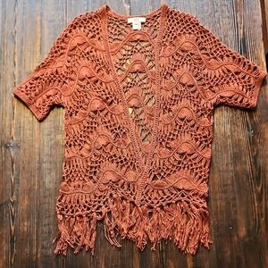 Entro Women's Cardigan Crochet with Fringe Boho Terracotta Brown Size M NWOT